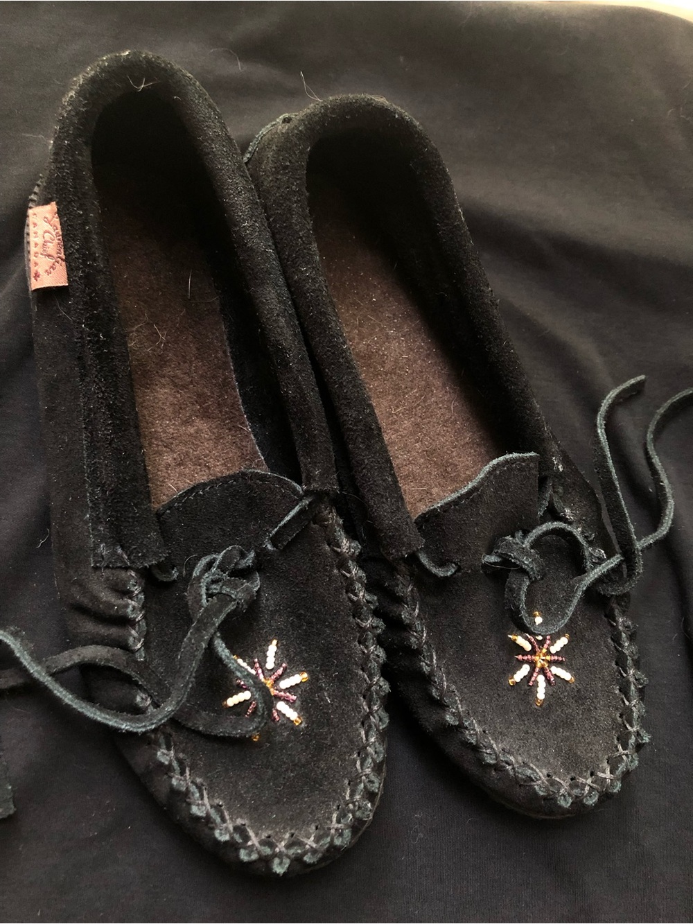 Laurentian Chief MADE IN CANADA Black Suede Beaded Moccasin Flats